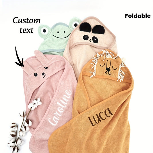 1pc Pure 100% Cotton custom embroidered hooded towel - A bath towel with excellent water absorption and quick drying properties, featuring cute cartoon patterns, foldable design, suitable for travel carry, and can also be used as a gift.