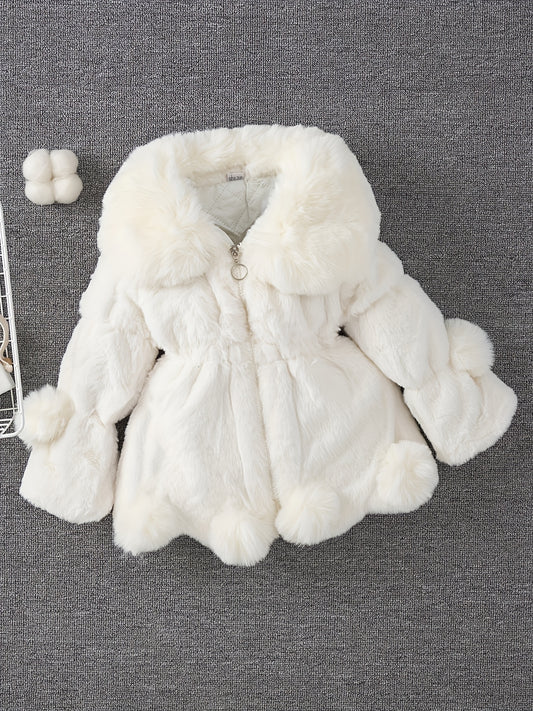 Girls' Winter Coat with Faux Fur Trim - Warm Zip-Up Jacket, Asymmetrical Hem, Long Sleeves, Polyester Lining, Perfect for Outdoor Play & Casual Attire, -7, Winter Coat for Girls, Playful Design, Soft Texture