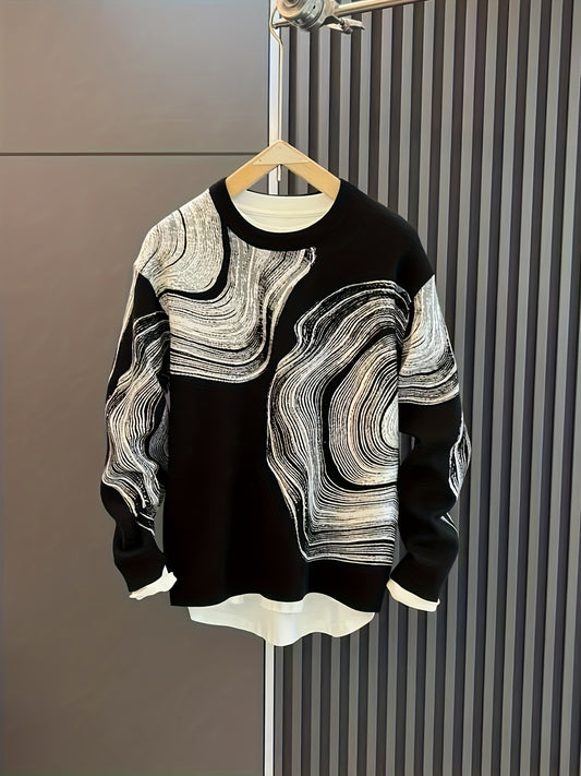 Temujin OBM Men's Fashionable Trendy Creative Jacquard Round Neck Long Sleeve Pullover Sweater