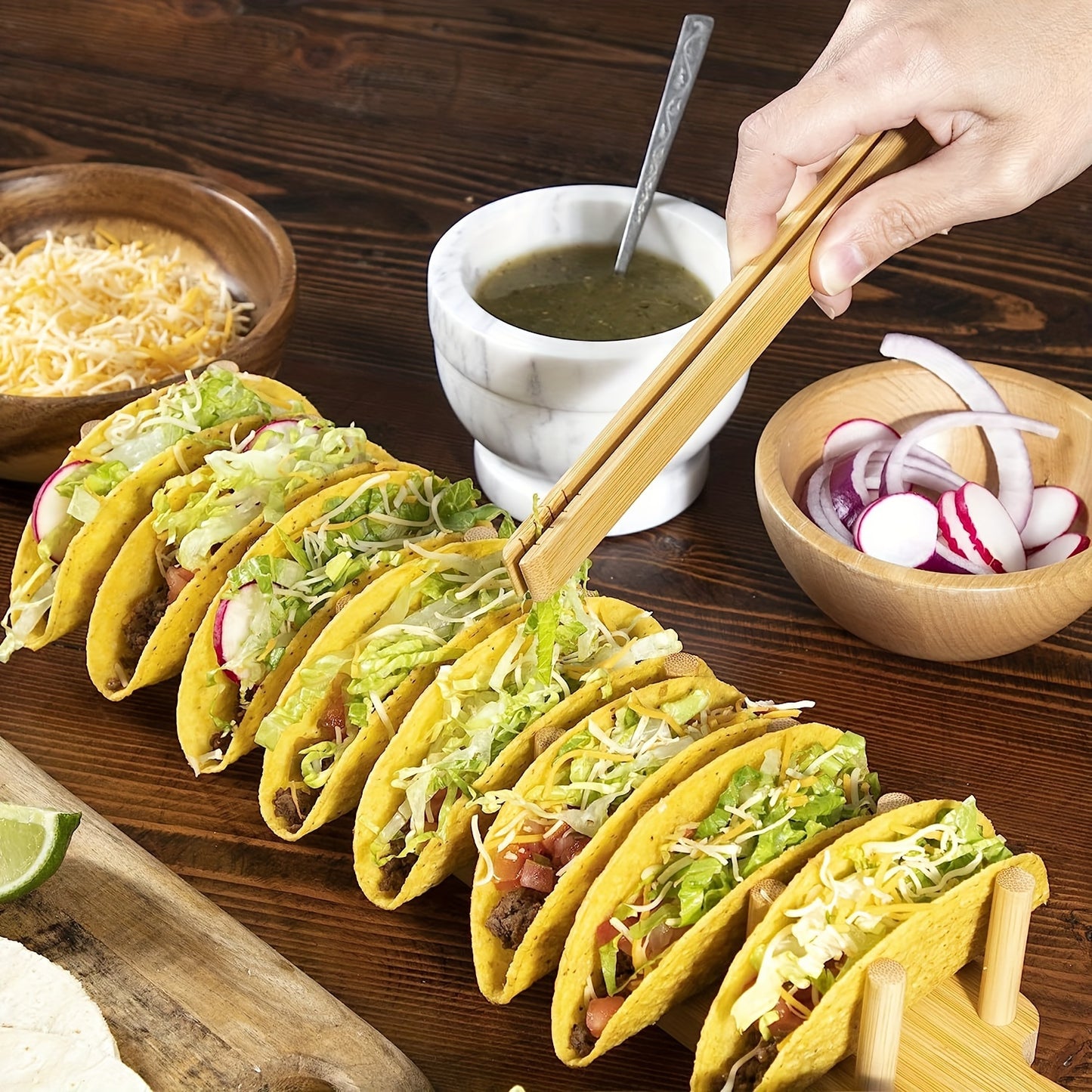 1pc GOXAWEE Wood Taco Holder, Bamboo Solid Wood Burrito Holder With Handle, Stand Up Holds 8 Soft Or Hard Shell Tacos, Kitchen Utensils, Bamboo Organizer Tray, Burrito Stand, Great For Tortillas, Home, Parties, Birthday And Restaurants