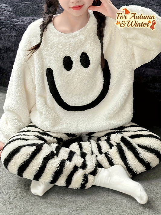 5-14Y Boys and Girls Autumn Winter Plush Set, Double-Sided Thickened Warm Clothing Outfit with Round Neck Pullover Bear Embroidery for Toddlers to Teens
