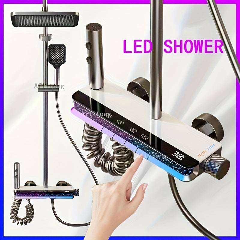 Luxurious Gunmetal Gray Shower System with Digital Display - Modern Piano Key Design, LED Lighting, Wall-Mounted Aluminum Fixture Set, Includes 30.48cm Rainfall Head & Handheld Spray
