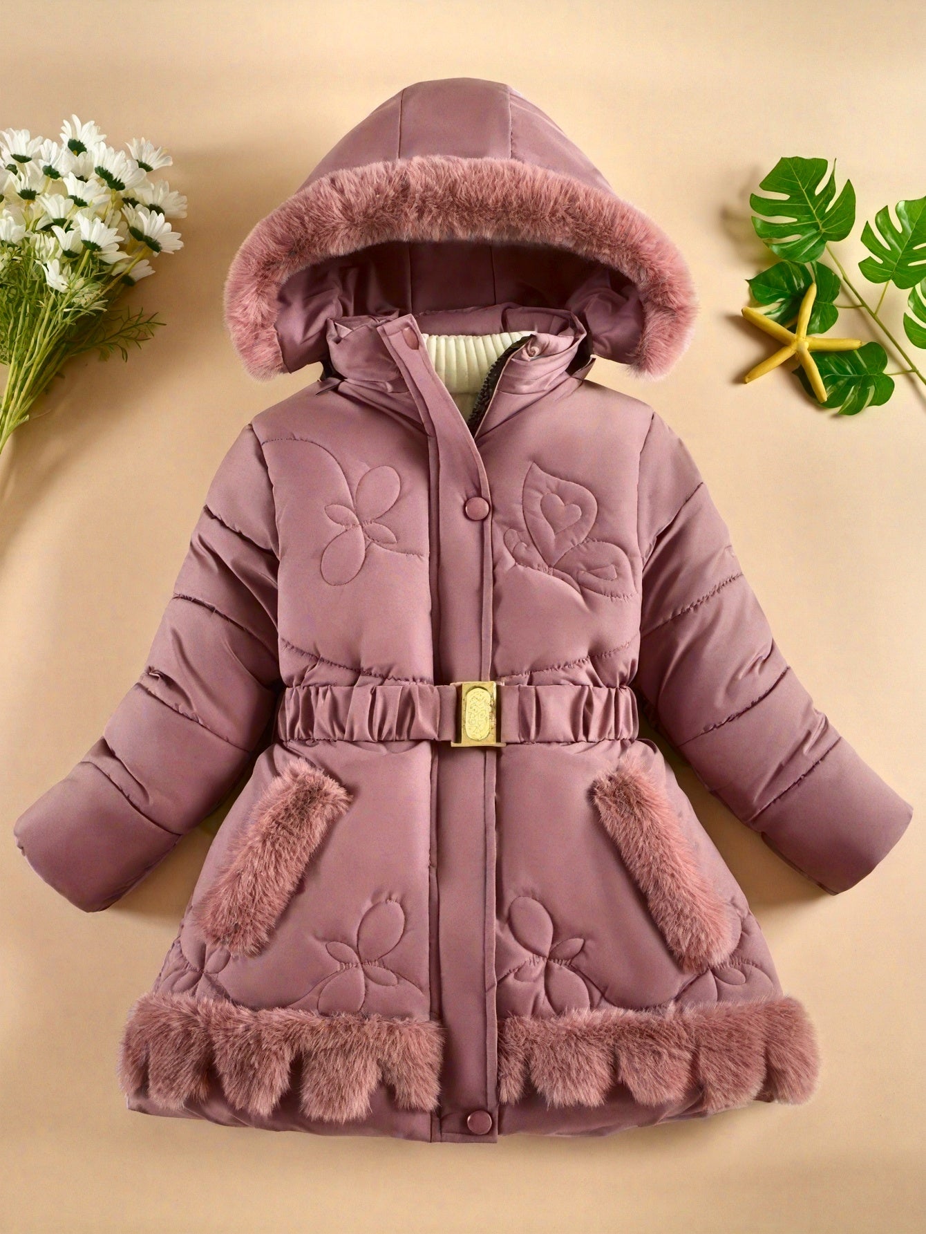Casual Hooded Puffer Snow Suit for - 100% Polyester Belted Winter Jacket with Detachable Faux Fur Collar, Geometric Pattern, Non-Stretch Fabric & Polyester Fiber Filling, Thick