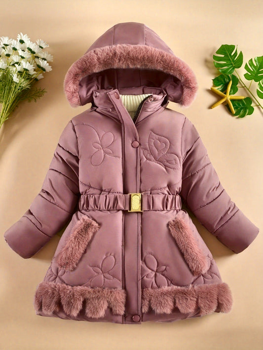 Casual Hooded Puffer Snow Suit for - 100% Polyester Belted Winter Jacket with Detachable Faux Fur Collar, Geometric Pattern, Non-Stretch Fabric & Polyester Fiber Filling, Thick
