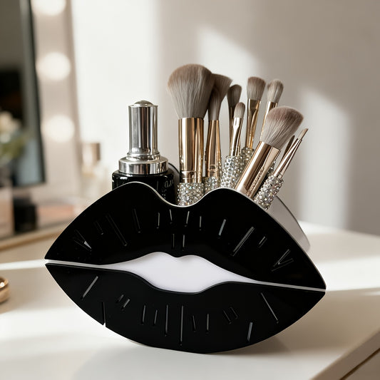 1pc Black Lip-Shaped Makeup Organizer - Lightweight Plastic Cosmetic Storage Box with Multiple Compartments, Ideal Mother'S Day Gift, Vanity Storage Solution|Sleek Black Finish|Functional Design, Makeup Brushes