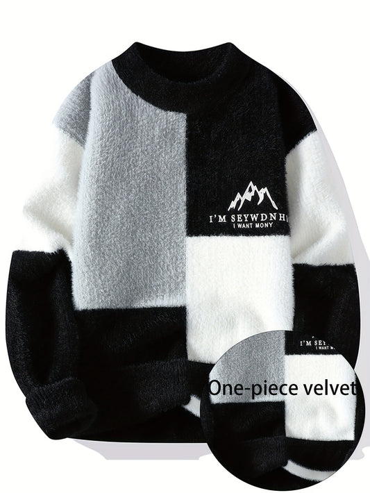 SENMEIGUO Men'S Chunky Knit Sweater, Casual Round Neck, Long Sleeve, Letter Print, Warm Winter Top, Regular Fit, Knitted Fabric, 2024 Fall/Winter Collection