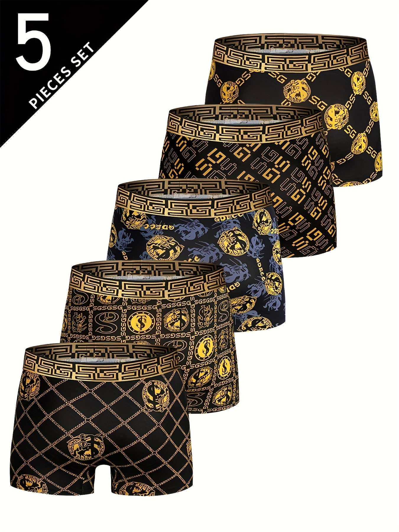 5pcs GDECC Men's Ultra-Thin Breathable Boxer Briefs, Black and Golden Knight Chain Design, Soft Stretch Polyester, Ideal for Daily Wear and Special Occasions, Special Occasion Underwear|Knight Chain Pattern|Smooth Fabric Underwear