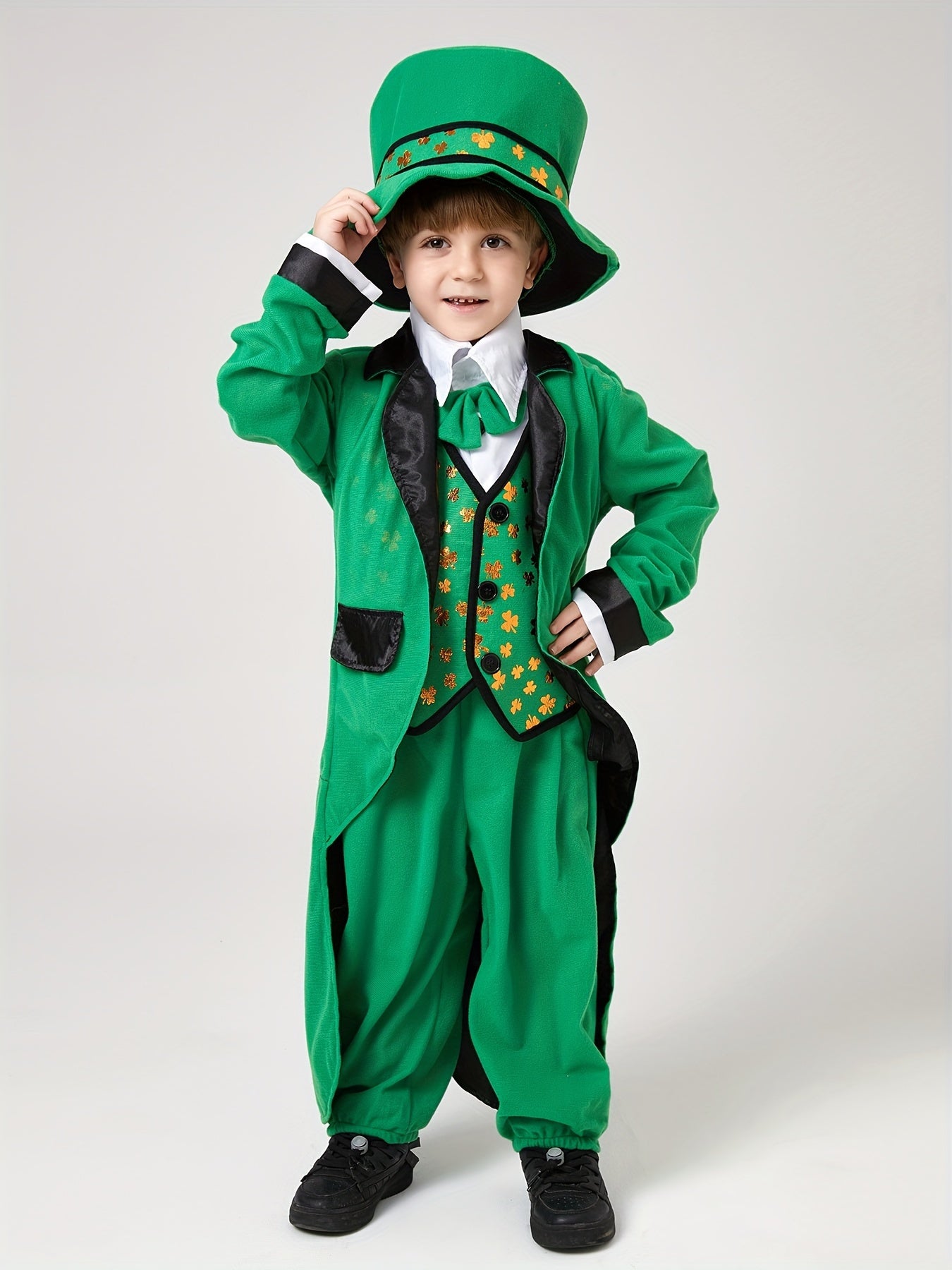 Boys' St. Patrick's Day Costume Set with Golden Clover Design - Includes Hat, Polyester Suit & Accessories for Festive Performances