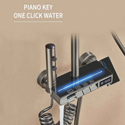 1 Set Luxury Modern LED Digital Display Bathroom Shower System, Piano Key Brass Valve Faucet Kit with Rainfall Head and Handheld Spray, Bathtub Nozzle, Stainless Steel Connectors, Outdoor Wall-Mounted Shower Combo, 4-Function Multi-Functional Bathro
