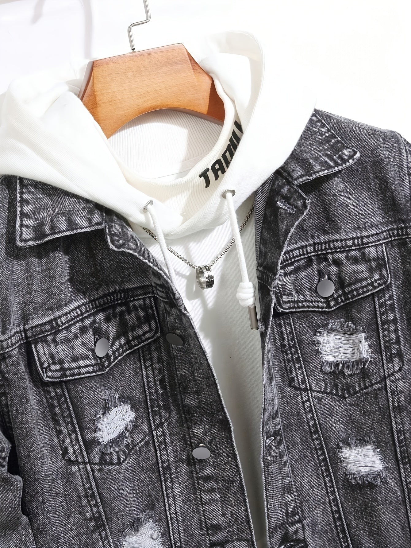 Men'S Vintage Distressed Faux Denim Jacket - Non-Stretch Faux Denim Coat with Classic Button Closure, All-Season Layering Essential for Casual & Formal Outfits - Retro Streetwear Outerwear, Durable Fabric, Streetwear Fashion, Washed Texture, Sturdy Const