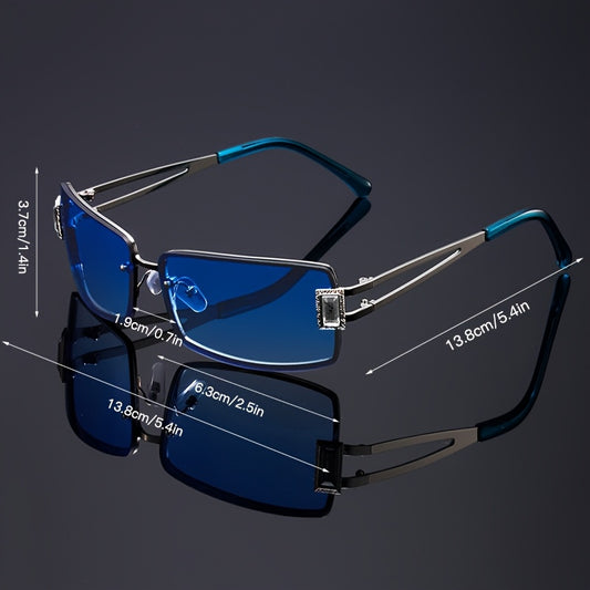 Stylish Blue Oversized Hip-Hop Party Glasses for Women and Men, Luxurious Square Rhinestone-Decorated Design, Metal Frame, PC Lenses, Fashion Accessories|Rhinestone Embellished|Durable Eyewear