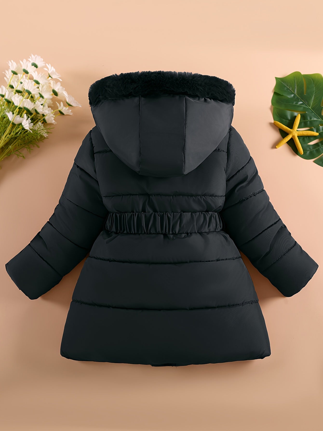 TIRSIUXA Girls' Winter Fashion Parka with Detachable Plush Hood, Adjustable Belt & Lettering - Cozy Polyester Jacket for Outdoor Play, Black, Girls Winter Clothes