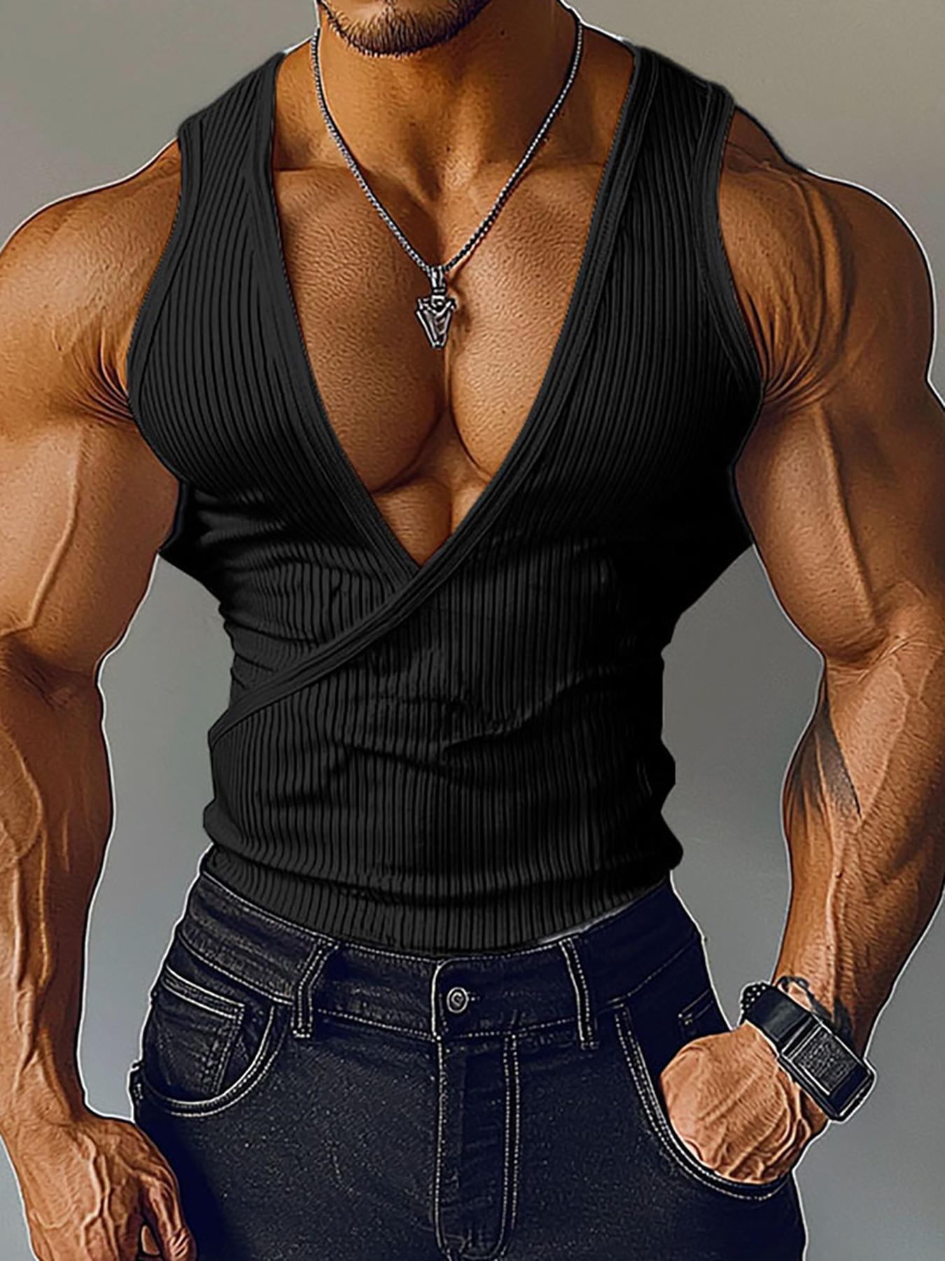 INCERUN Men Ribbed Knit Tank Tops Solid Deep V Neck Sleeveless Tight Casual Vest Pajamas Tops