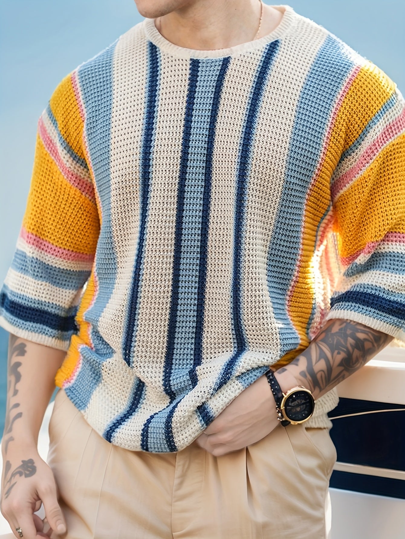 Striped Sweater Men Ribbed Knit Color Block Fall Pullover Crewneck Fashion Casual Jumper Tops Long Sleeve Loose Comfy Sweater