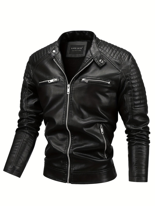 Men's Casual PU Leather Jacket, Warm Thick Retro Fleece Lined Biker Jacket For Fall Winter, Gift