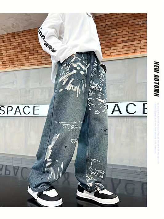 Y2K Boys' Vintage Washed Graffiti Faux Denim - Trendy and Versatile Distressed Wide-Leg Faux Denim Pants for Autumn/Winter, Elastic High-Waist Straight-Leg Casual Trousers with Unique Design