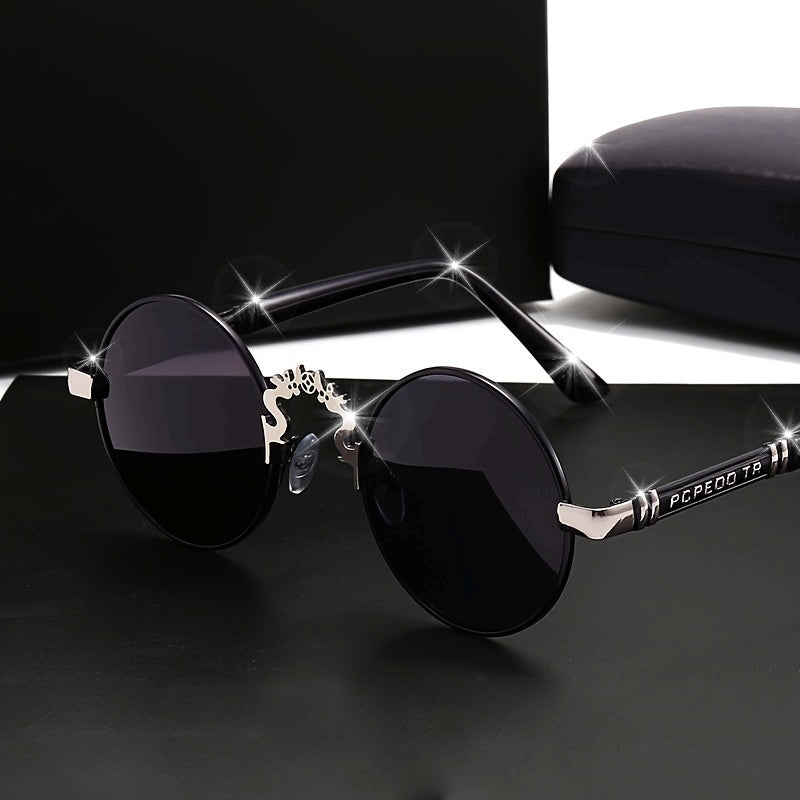 Men'S and Women'S Fashionable Round Frame Glasses - Metallic Red & Black, Classic Style with Decorative Engraving, Polycarbonate Lenses, Perfect for Business and Casual Wear, Stylish Accessory|Round Frame Design|Decorative Engraving, Glasses