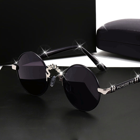 Men'S and Women'S Fashionable Round Frame Glasses - Metallic Red & Black, Classic Style with Decorative Engraving, Polycarbonate Lenses, Perfect for Business and Casual Wear, Stylish Accessory|Round Frame Design|Decorative Engraving, Glasses