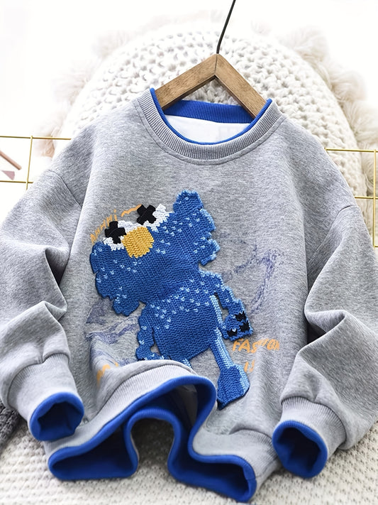 Boys' Spring and Autumn Trendy Round Neck Sweatshirt, Faux Two-Piece Design, Embroidery Craftsmanship, Stylish Regular Fit Top with Cartoon Pattern