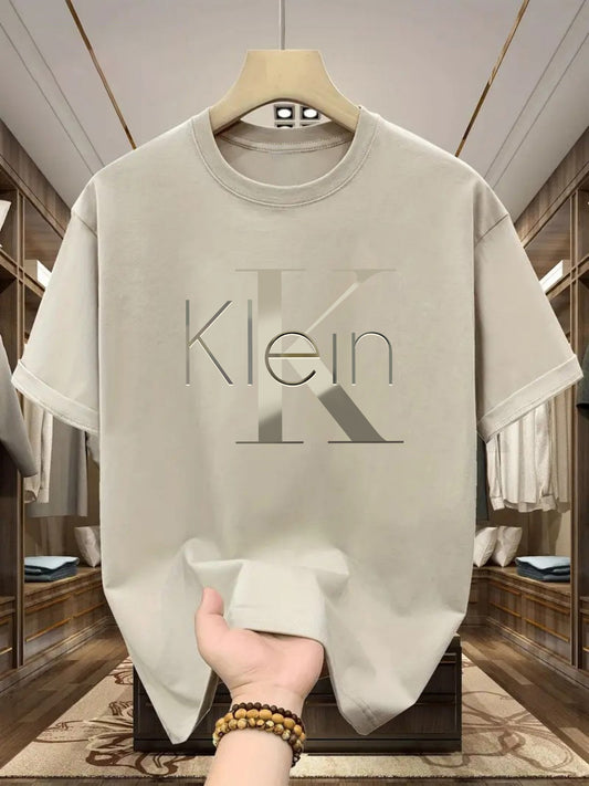 Men's 100% Cotton T-Shirt with Logo Print (-like Design) - White Short Sleeve Round Neck Casual Shirt, Beige Minimalist Branding Tee for Casual Attire, Machine Washable & All-Season Fit