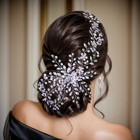 Elegant Rhinestone Bridal Headband with Floral Design - Handcrafted Polyresin Hair Accessory for Wedding Updo, Off-Shoulder Neckline, and Bridal Makeup, Wedding Hair Accessories, Offshoulder Gown, Sophisticated Craftsmanship