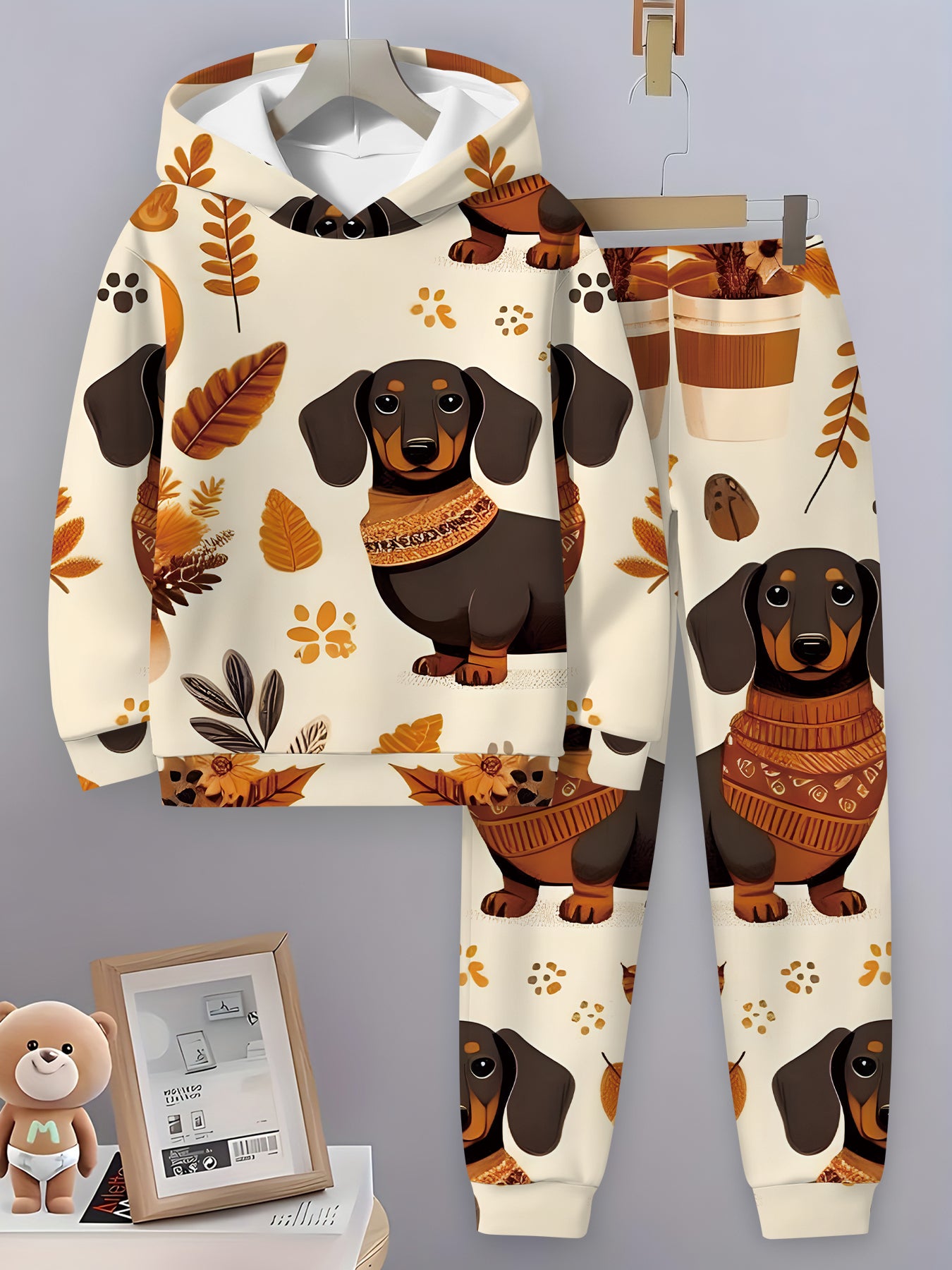 2pcs ' Dachshund Print Hooded Sweatsuit Set - Cute Dachshund Dog with Hoodie & Sweater, Warm Winter Outfit for Halloween, Birthday Party, Casual Wear (Machine Washable) - to Clothing, Perfect for Outdoor, Halloween, Halloween Clothes, Halloween Costumes,