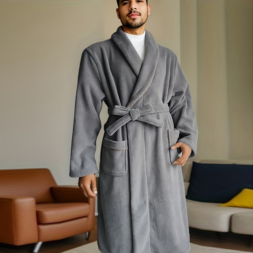 Men'S Soft Plum Velvet Robe, Contemporary Style, Super Soft Knit Fabric Bathrobe, 320gsm Polyester 100%, Space Towel Theme, Cozy Lounge Wear