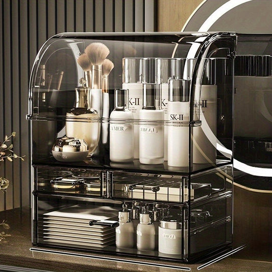 Large Capacity Detachable Cosmetic Organizer with Removable Dividers - Multi-Layer Makeup Storage Box for Lipsticks, Brushes & Perfumes, Durable Plastic Countertop Organizer with Polished Finish, Space-Saving Design for Bathroom & Vanity, Makeup Vanity D