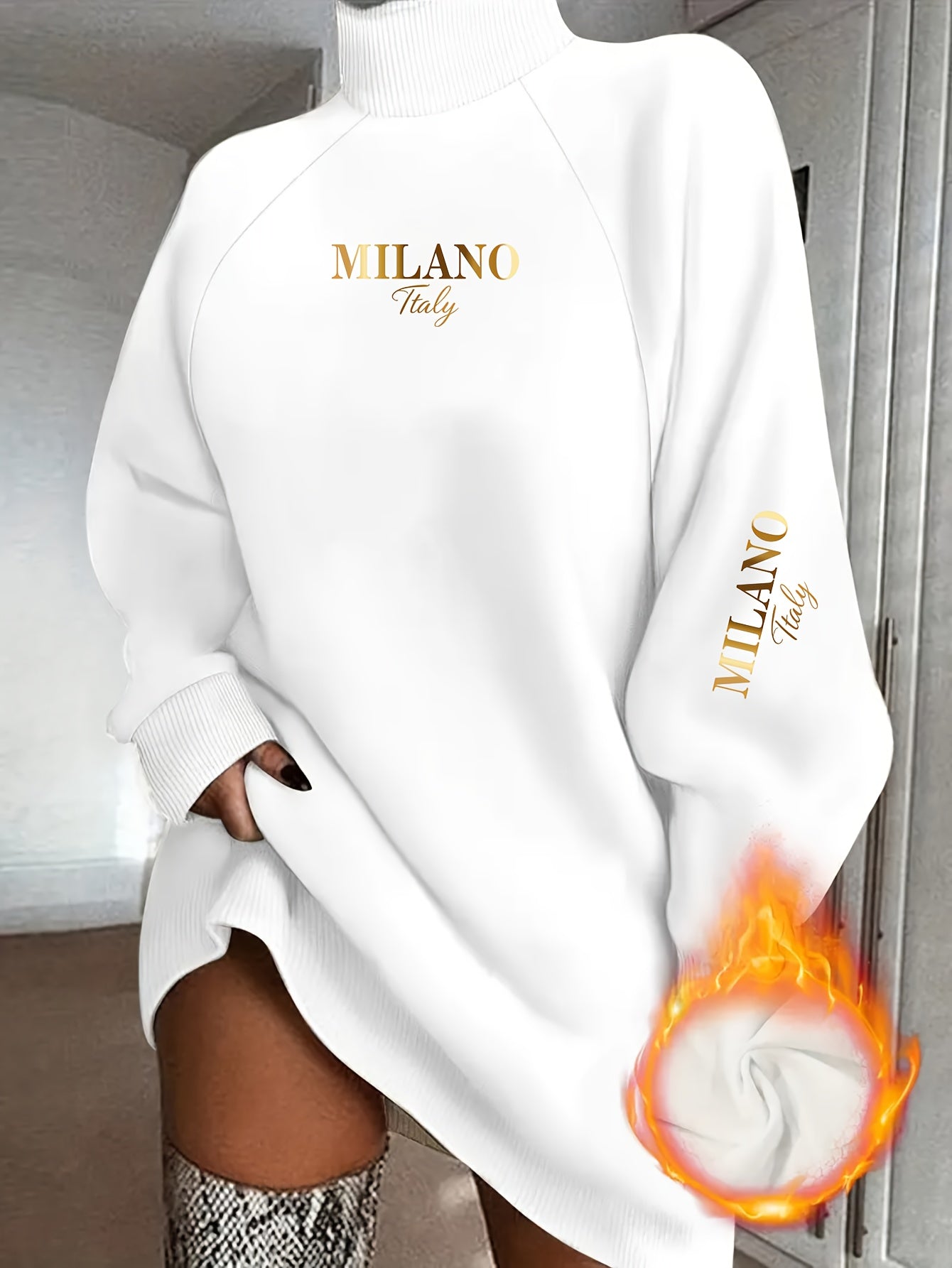 Women's Elegant High-Neck Casual Sweatshirt Pullover, Autumn and Winter Daily Wear, Fashionable MLANO Print Comfortable Fabric Loose Fit Long Sleeve Top Dress