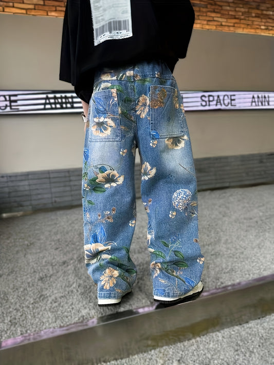 Y2K Boys' Spring/Autumn Denim Jeans: Trendy Retro Straight-Leg Loose Fit Wide-Leg Pants for Kids, Children's Clothing, School Outfit, Trendy Fashion, Retro Style, Washed Denim, Stretchy Material, Printed Jeans, Spring Autumn Pants, School Children, Young