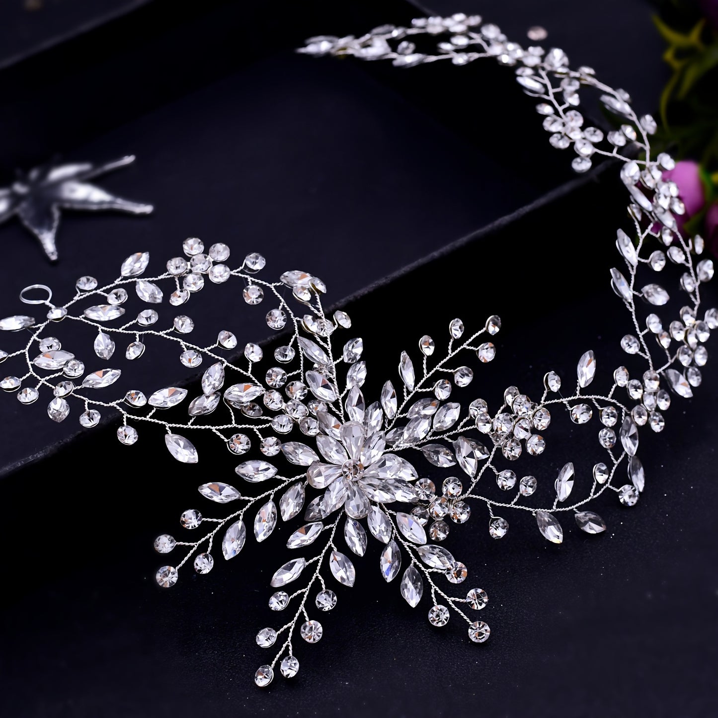 Elegant Rhinestone Bridal Headband with Floral Design - Handcrafted Polyresin Hair Accessory for Wedding Updo, Off-Shoulder Neckline, and Bridal Makeup, Wedding Hair Accessories, Offshoulder Gown, Sophisticated Craftsmanship