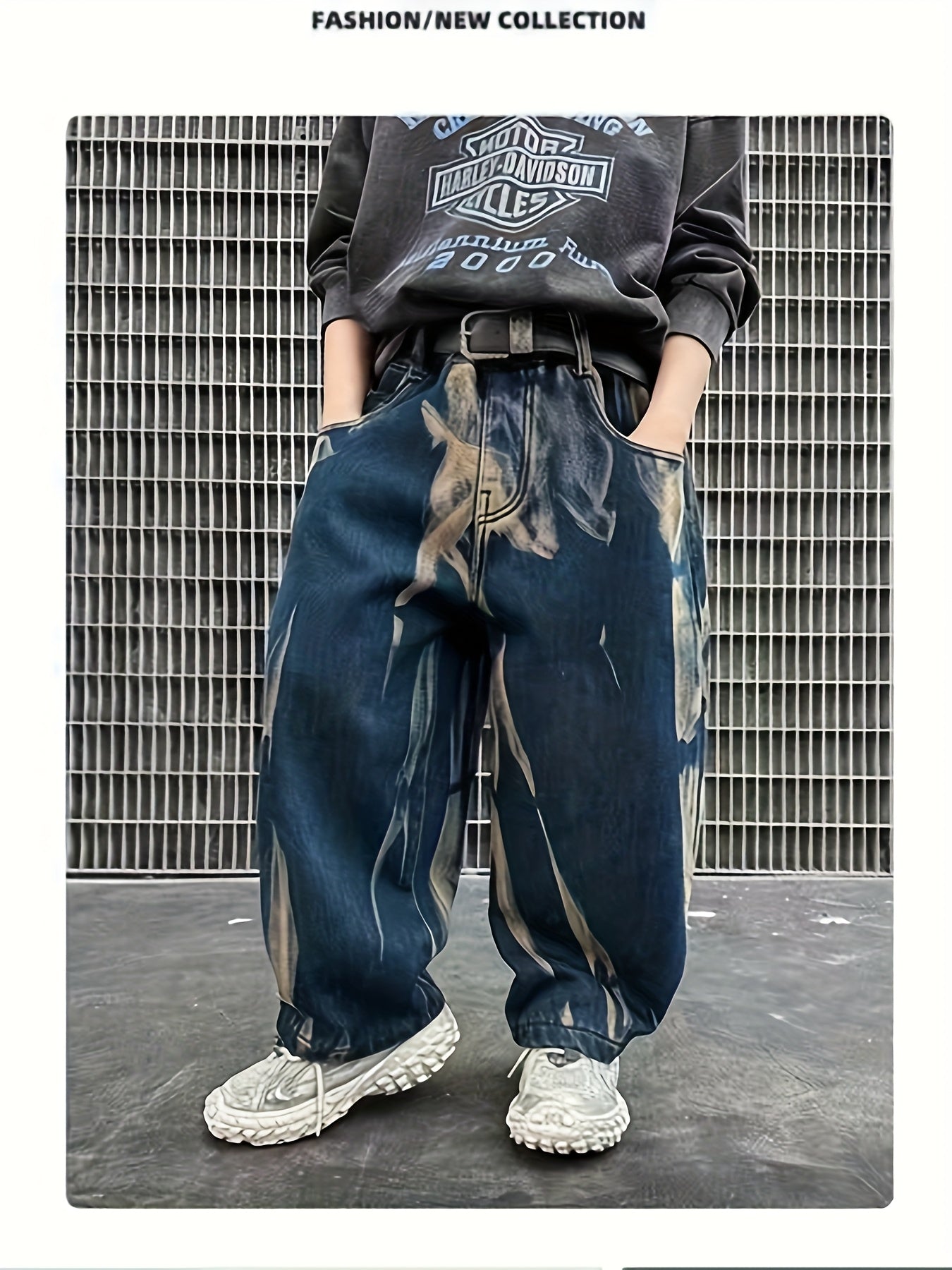 Y2K Boys' High-Waisted Washed & Tie-Dye Distressed Faux Denim Faux Denim - Stretchy Loose-Fit Straight-Leg Pants with Frayed Hem & Belt Loops, Vintage Streetwear Style For Outdoor & Casual Wear